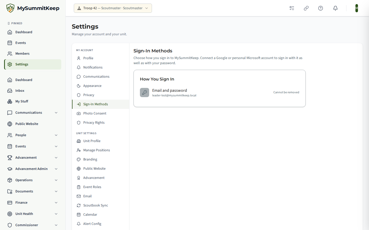 Settings, Sign-In Methods. A card lists Email and password with the note Cannot be removed, then Google and Microsoft, each marked Not connected with a Connect button.