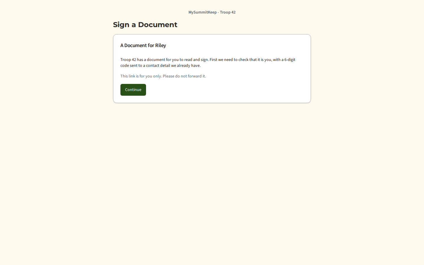 The page opened from a signing email: the unit name, a line saying the unit has a document for the Scout's first name, and a Continue button.