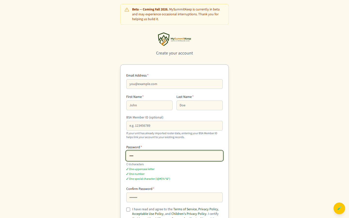 The /signup create-account form (email, first/last name, optional BSA Member ID, password strength checklist, terms checkbox)