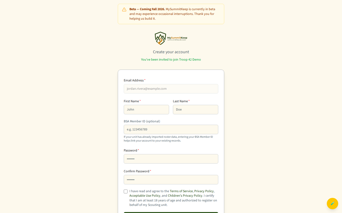 The /signup page showing the invitation banner ('You've been invited to join <unit>') with the email field pre-filled/locked and the password fields.