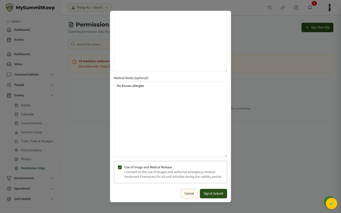 The Sign New Slip modal: member selector, signer name, emergency contact, medical notes, and the image/medical consent checkbox.