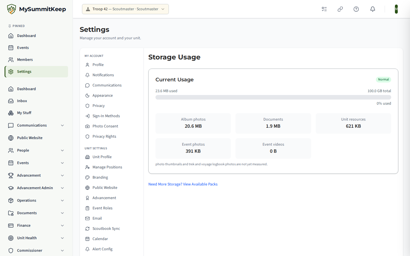 The Storage Usage settings page at /settings/storage with a current usage meter, active storage packs and available storage packs