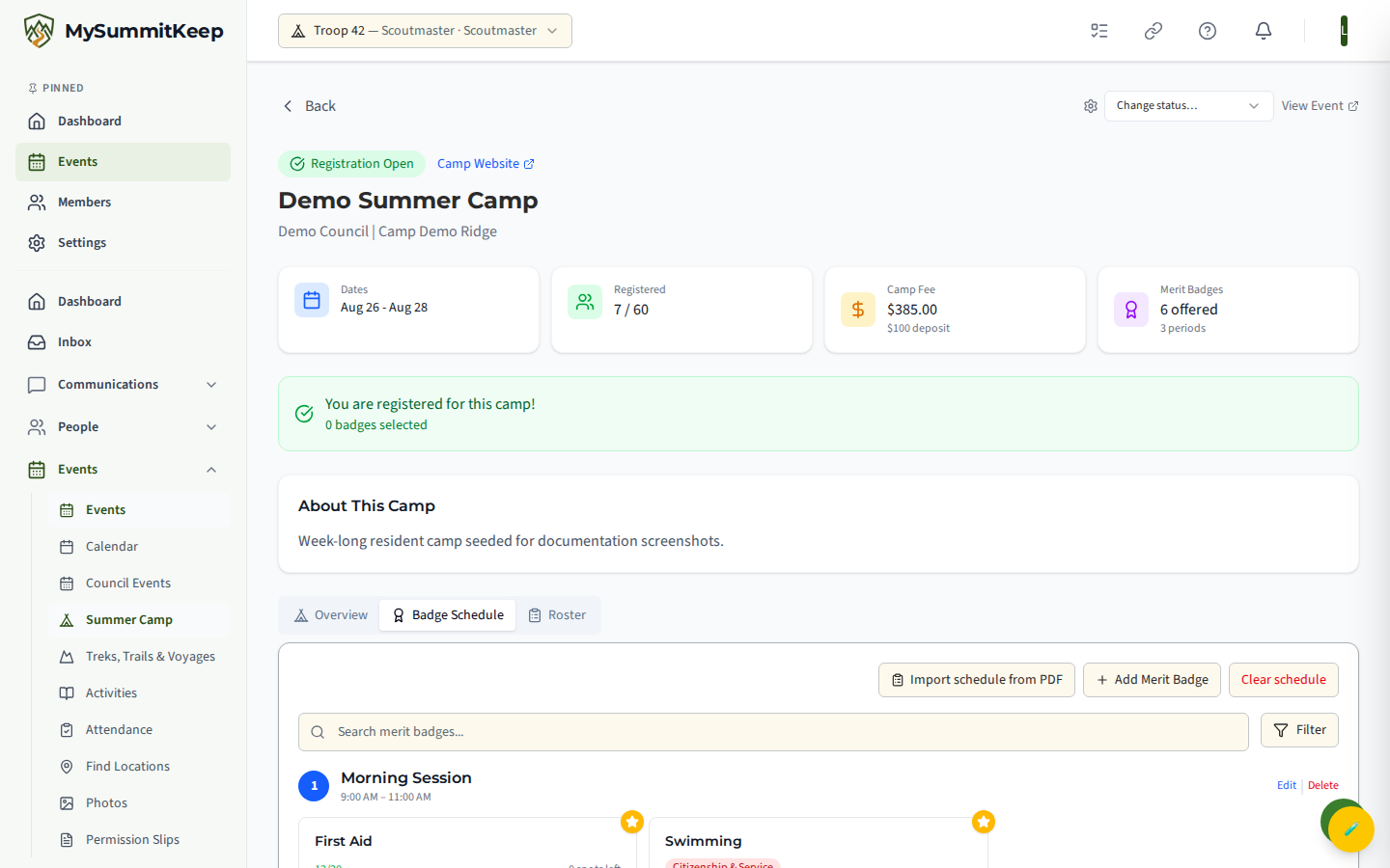 A summer camp detail page showing status badge, dates, fee, capacity progress, and the merit-badge schedule tab.