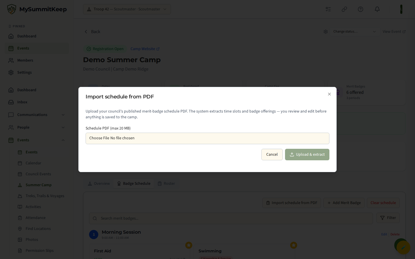 The schedule import modal that parses a camp schedule PDF into offerings and slots.