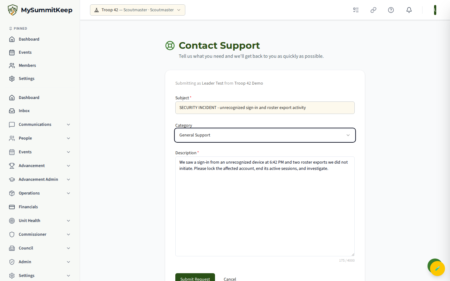 Contact Support page showing how to open a Critical / Security-incident ticket.
