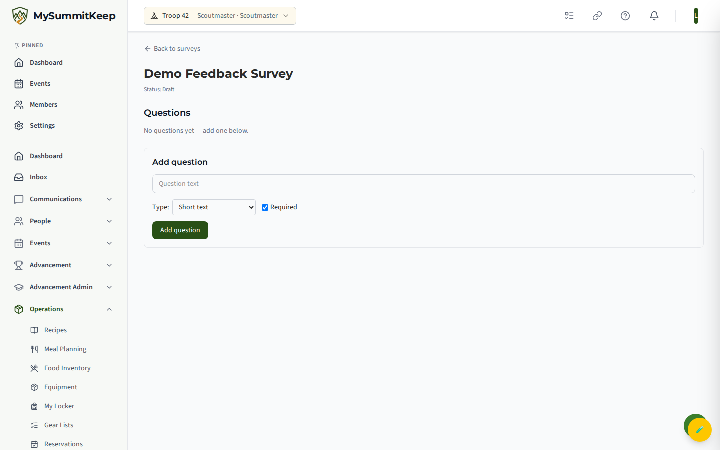Survey builder at /surveys/:id/edit with the question editor.