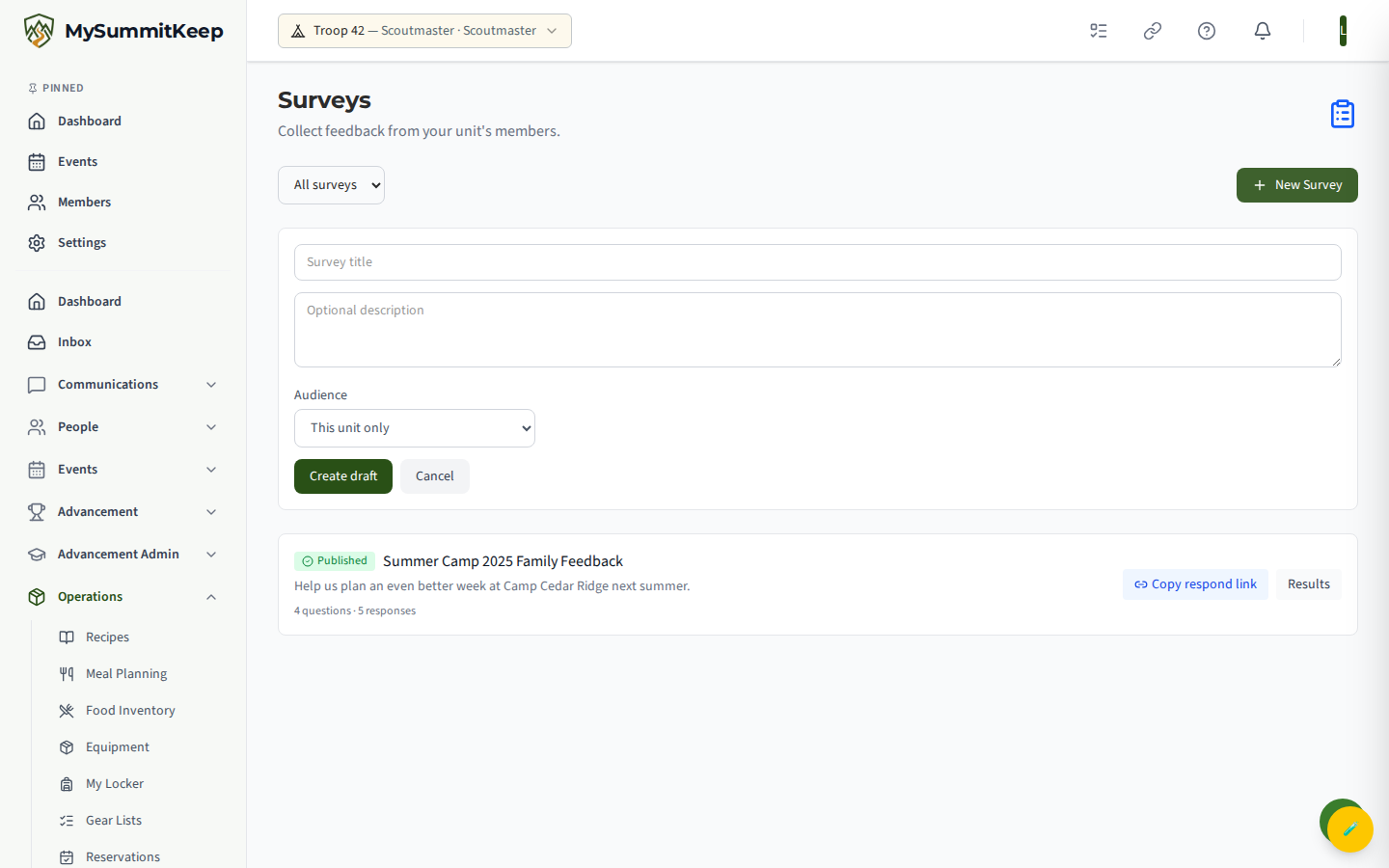 Surveys list page at /surveys with the create-survey form.