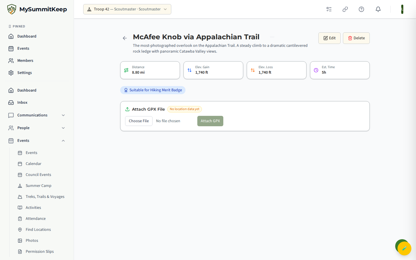 A trail template detail page used to preview an itinerary before instantiating it.
