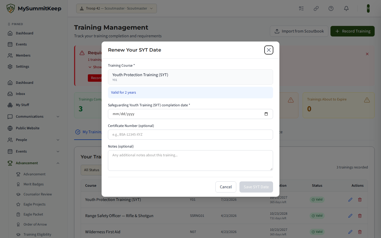 The Training page with the SYT date form open, here renewing a leader's existing date: the Safeguarding Youth Training course, the Safeguarding Youth Training (SYT) completion date, and the Save SYT date button. A leader with no SYT date on file sees the same form titled Add your SYT date.