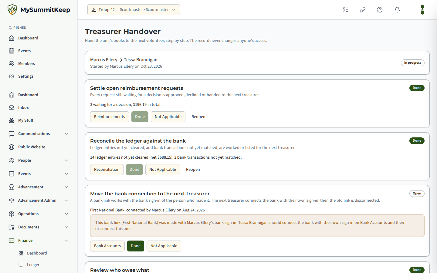 The Treasurer Handover page with a handover in progress: the checklist cards with live figures, the bank-connection warning, and the role-change card showing whether the next treasurer has finance permission yet.