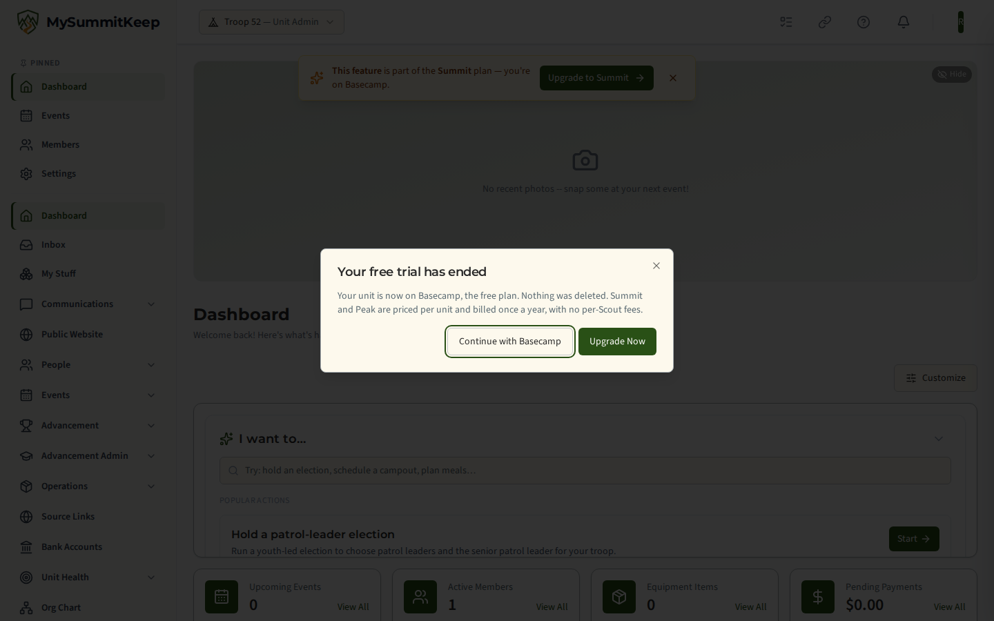 The Your free trial has ended window over the dashboard, with the Continue with Basecamp and Upgrade Now buttons