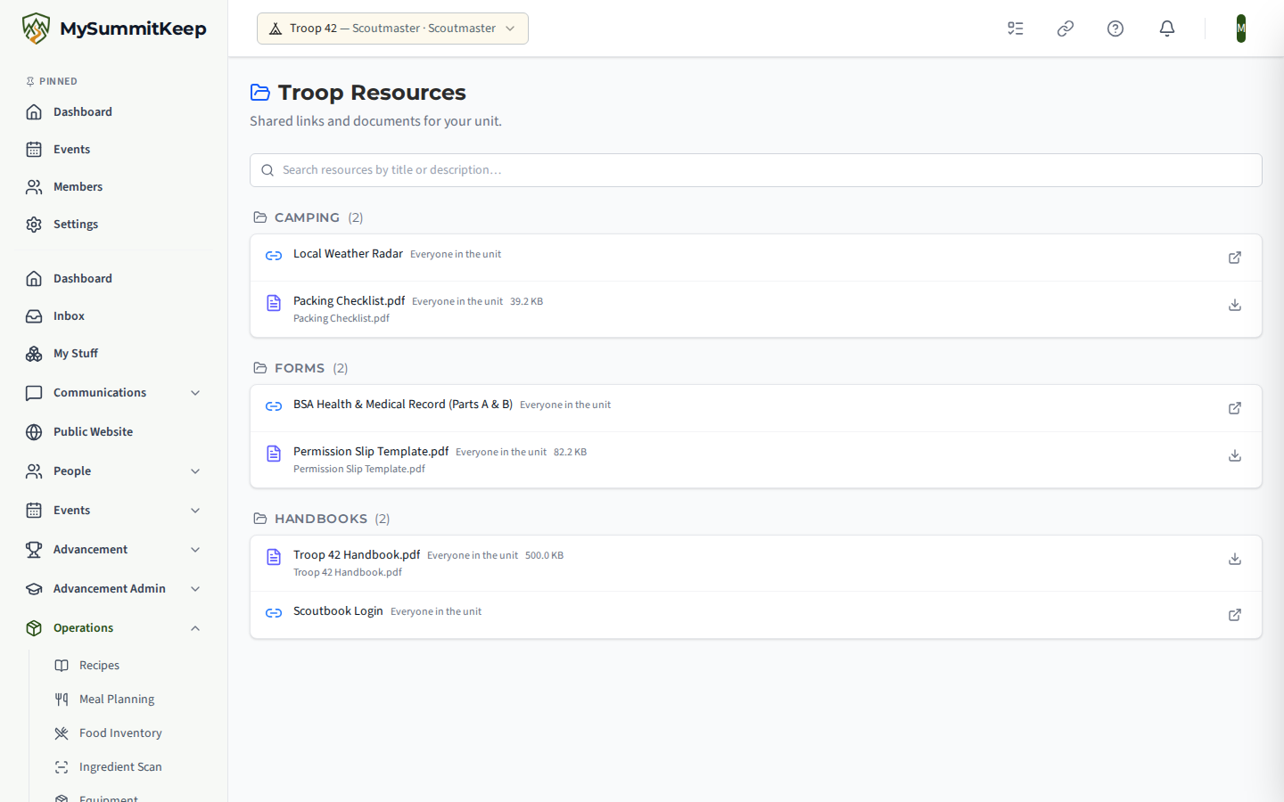 Troop Resources page with Add Link and Upload Document buttons, a search box and resources grouped under category headings, each row with open, edit and delete actions.