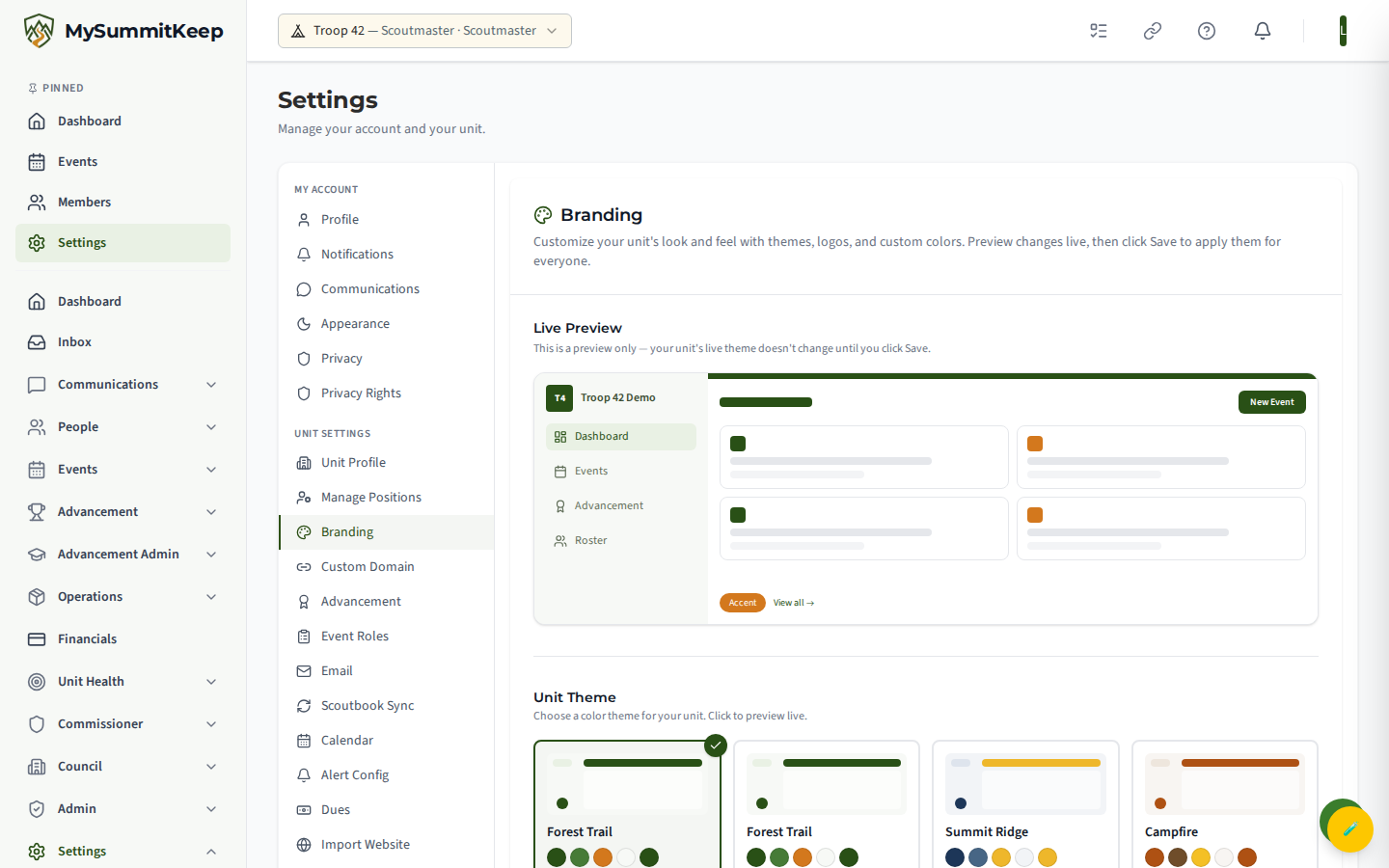 /settings/branding page where theme preset, accent color, logo, and email branding are configured