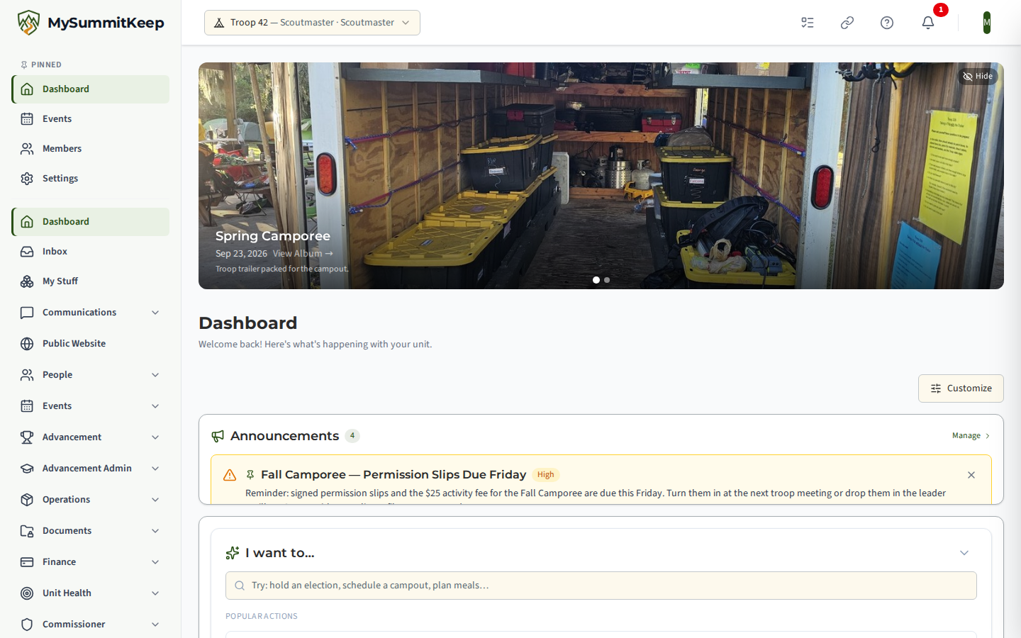 The authenticated Dashboard home with KPI stat cards and panels for upcoming events and recent unit activity