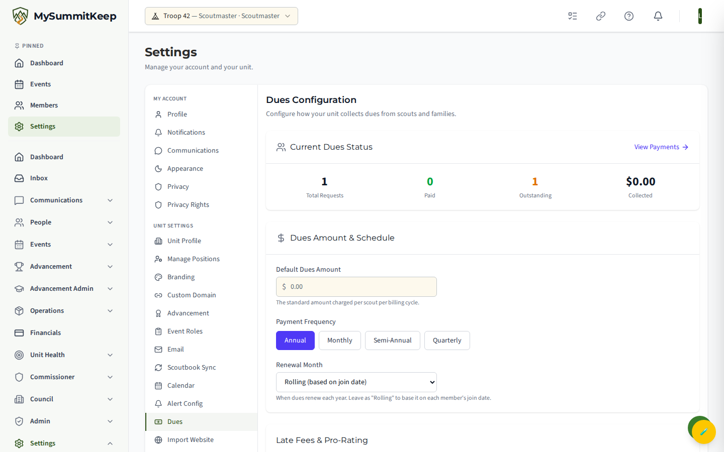 /settings/dues configuration page