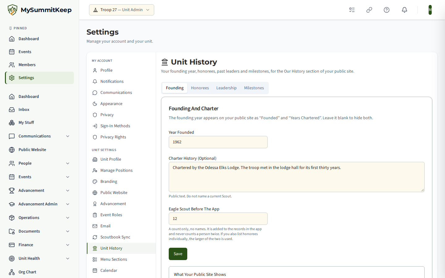 Settings > Unit History, Founding tab: year founded, charter history, the count of top-rank recipients from before the app, and a preview of the total your public site shows.