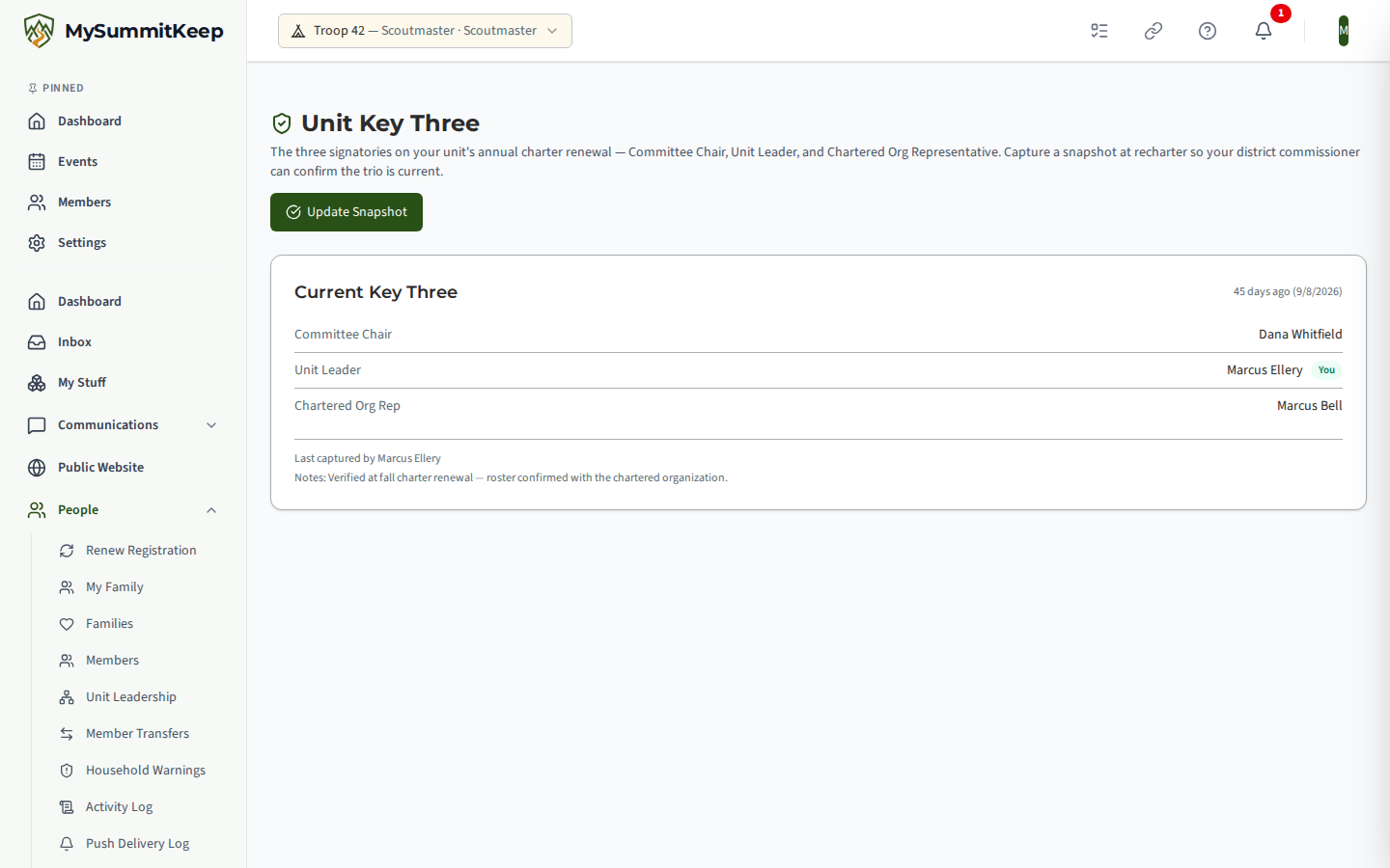 Unit Key Three page listing Committee Chair, Unit Leader and Chartered Org Rep with a Capture snapshot button.
