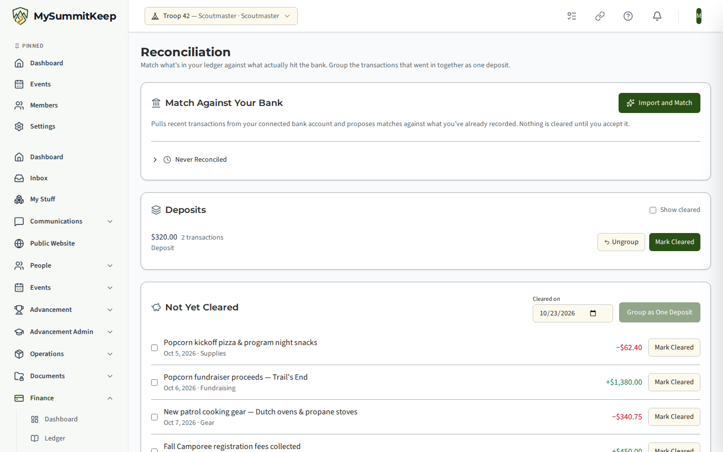 The reconciliation screen at /financials/reconciliation showing deposit groups and the list of uncleared transactions.