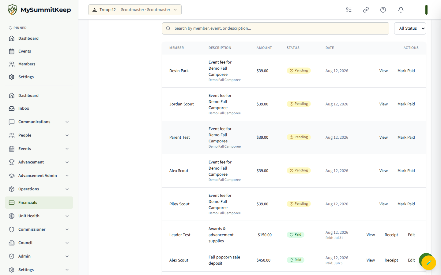 Unit Payments at /payments with outstanding payments, summary cards and the payments table.