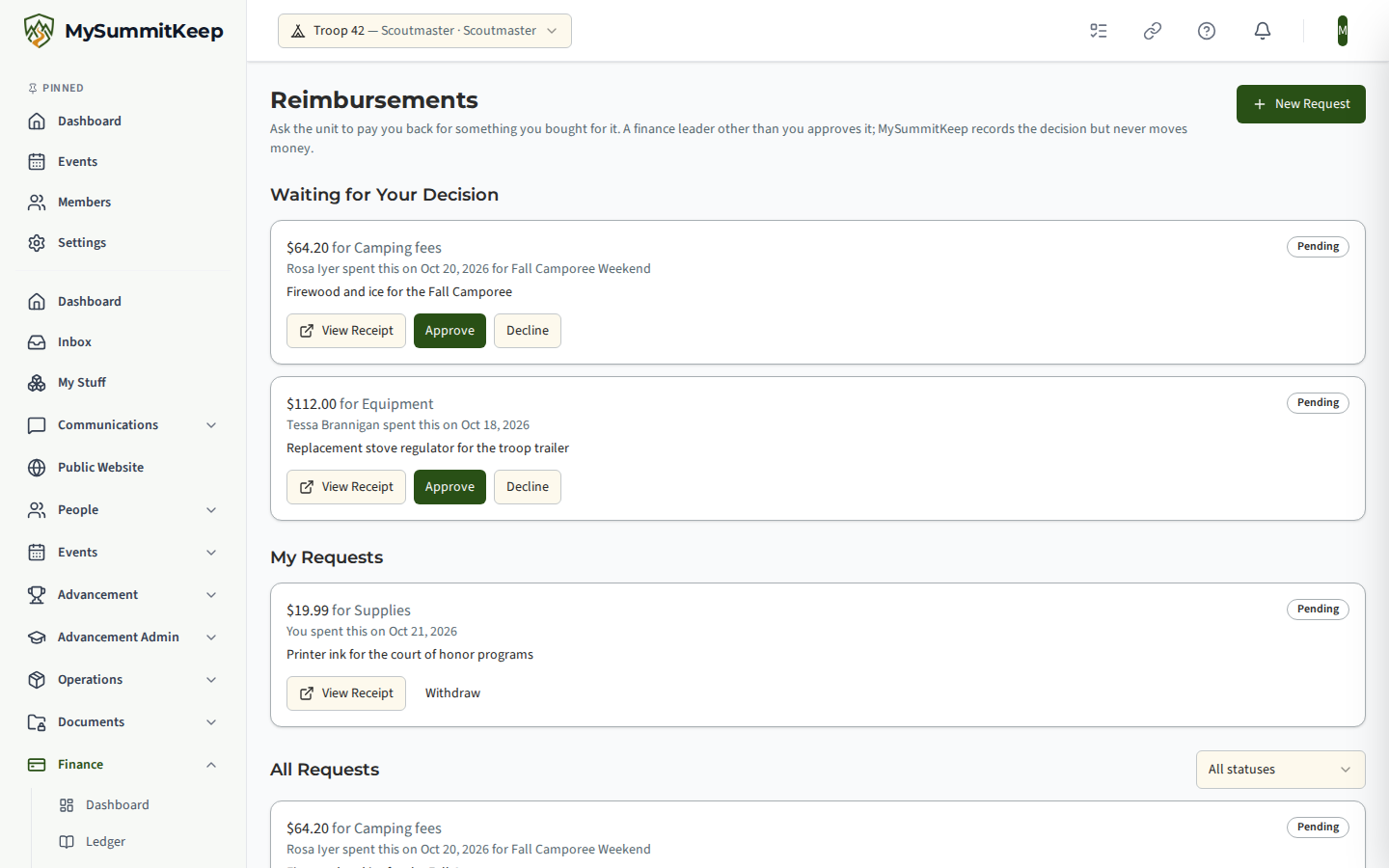 The Reimbursements page as a finance leader sees it: the requests waiting for their decision with Approve and Decline, their own requests, and every request with its status.
