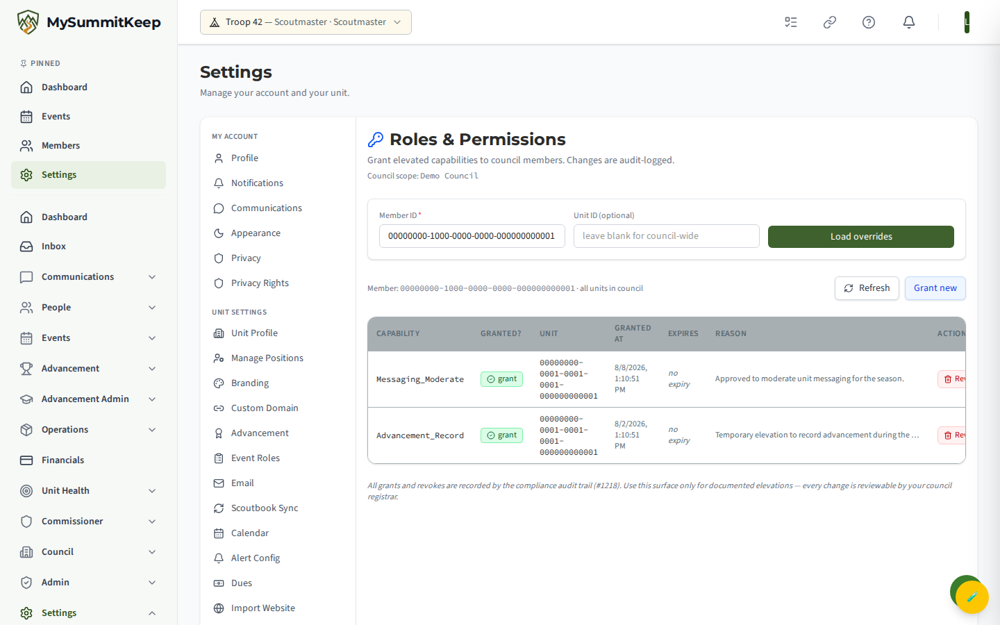 /settings/role-permissions page for role-based permission customization