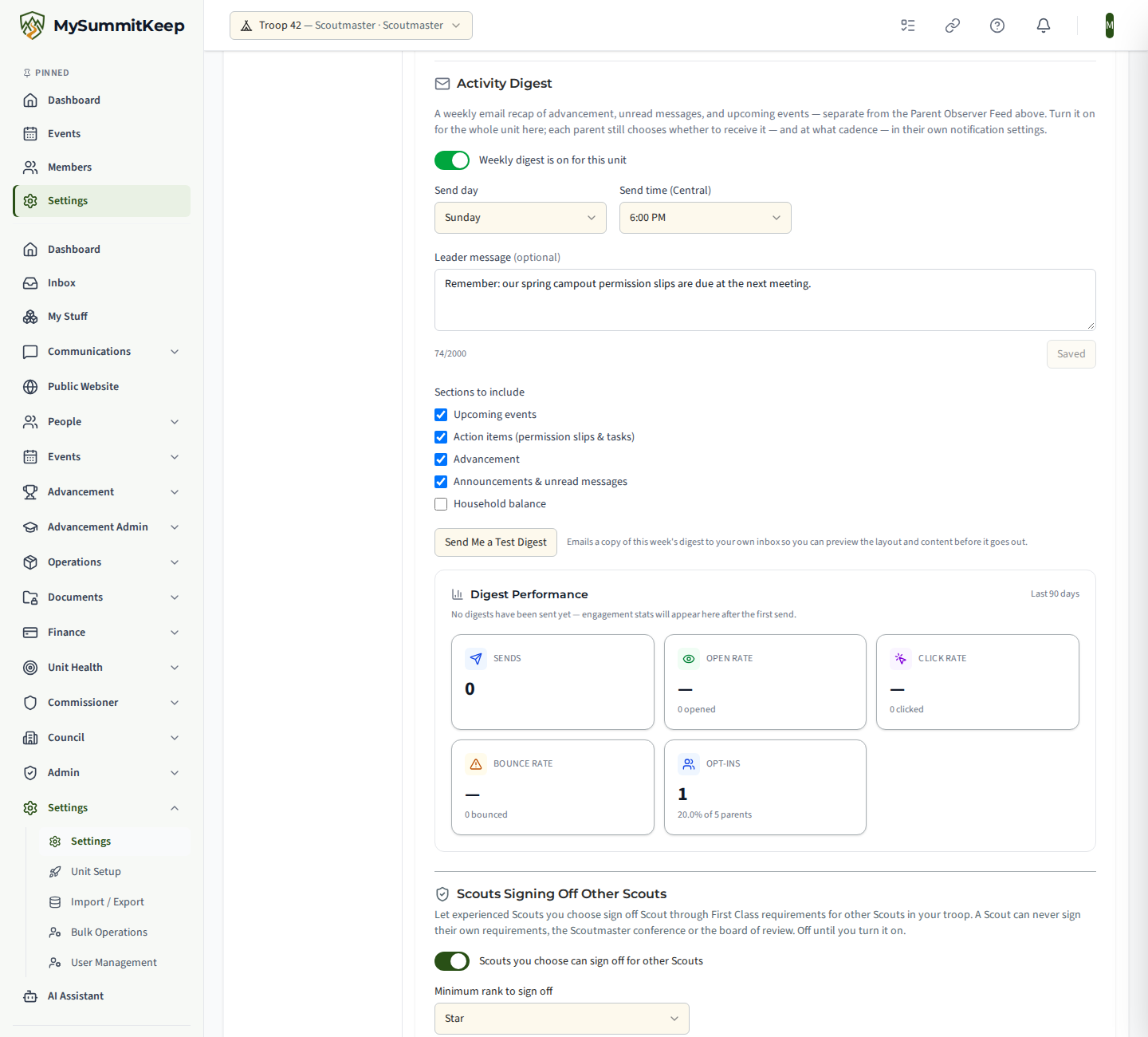 The Activity Digest card on the General tab with the unit switch on, the Send day and Send time (Central) selectors, the optional Leader message box, the Sections to include checkboxes, and the Send Me a Test Digest button