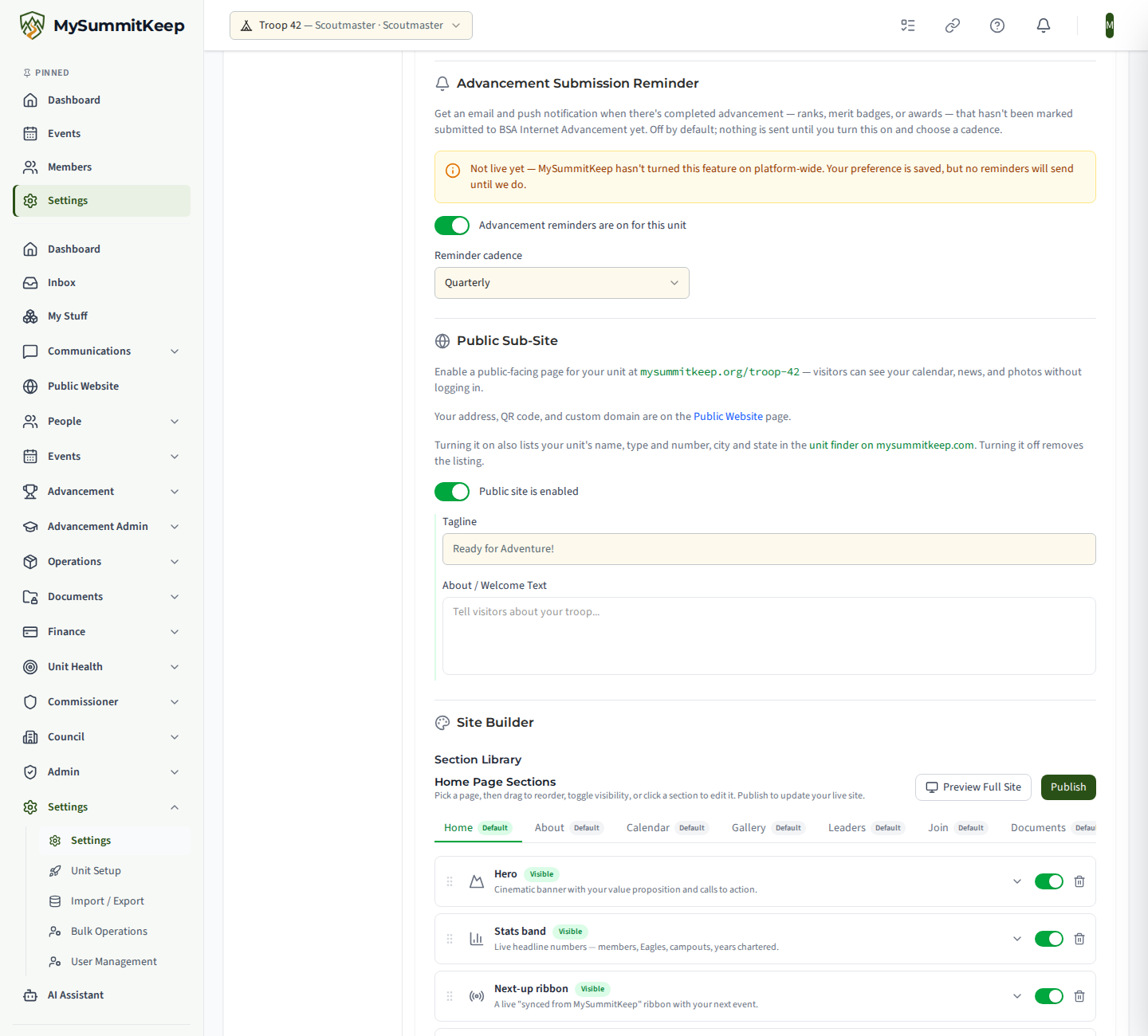 The Advancement Submission Reminder card on the General tab with its unit switch on, the Reminder cadence choice, and the Not live yet notice.