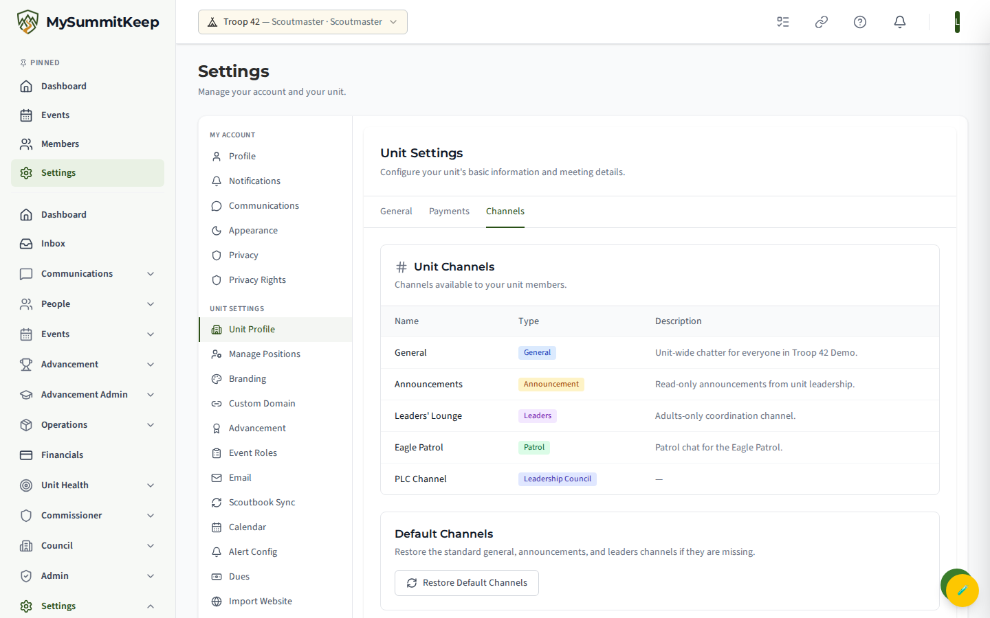 /settings/unit Channels tab listing communication channels with type badges (General, Announcement, Leaders, Patrol, Event, Leadership Council)