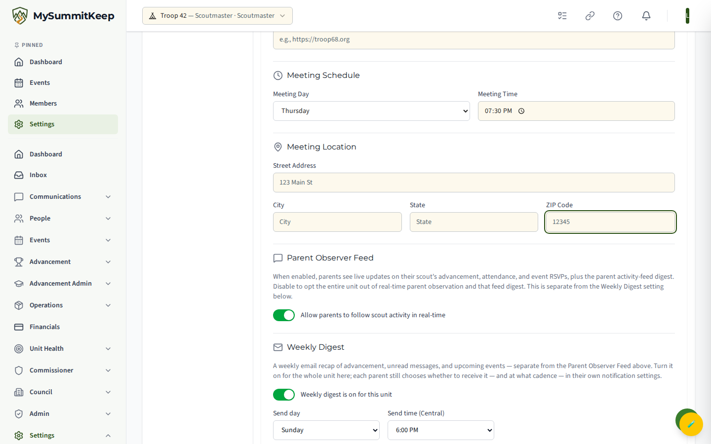 /settings/unit General tab: unit name, unit type, meeting day/time, meeting location, website (replaces the placeholder)