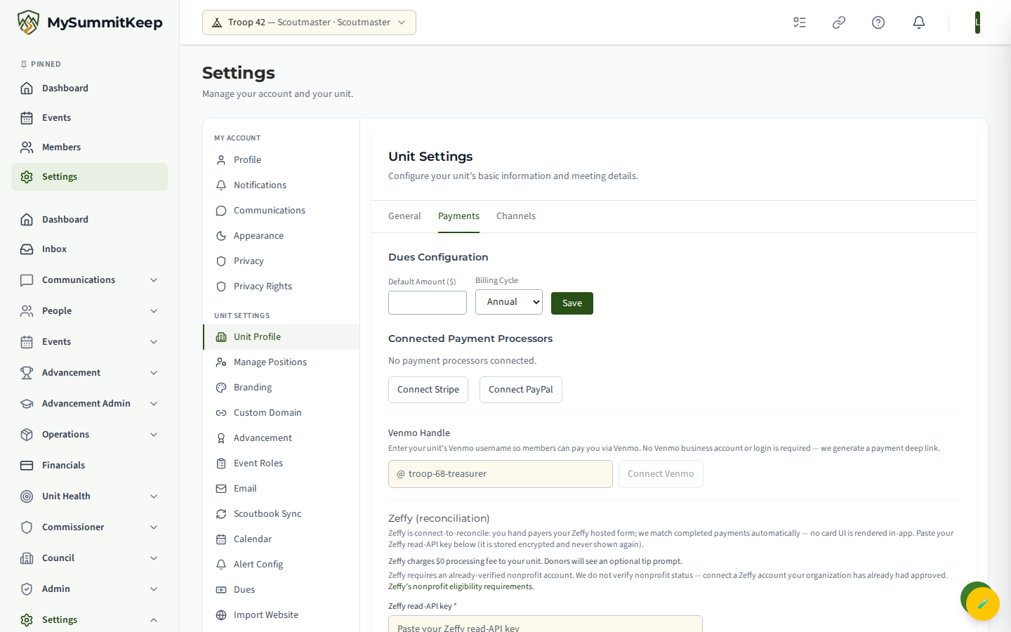 /settings/unit Payments tab
