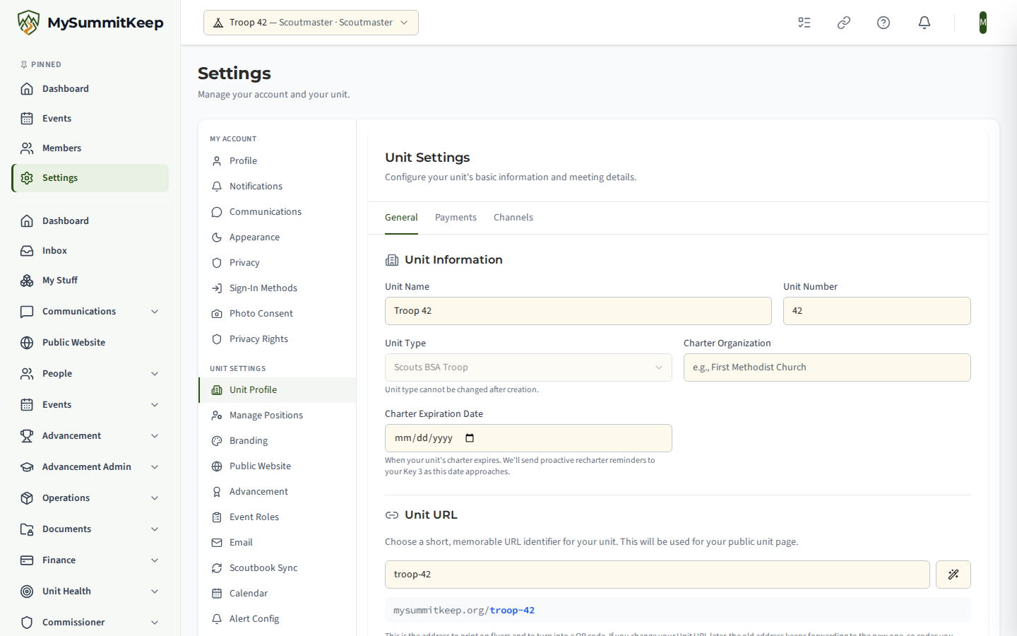 Unit Settings, Public Sub-Site line, showing the unit's public address on mysummitkeep.org as a link.