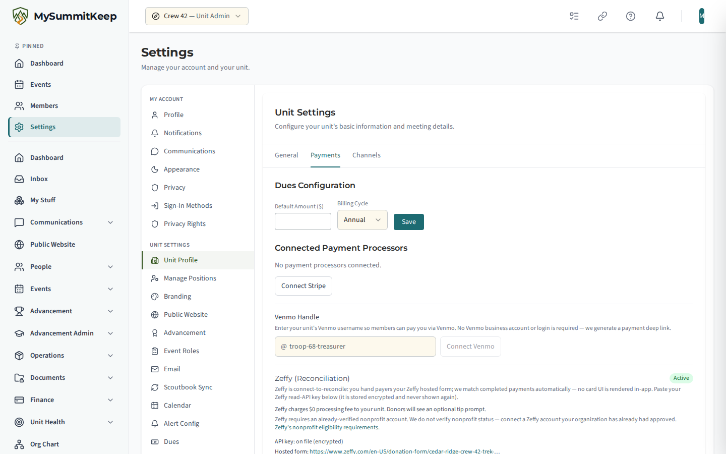 Unit Settings Payments tab with Zeffy connected; the Webhook line reads No signed delivery received yet
