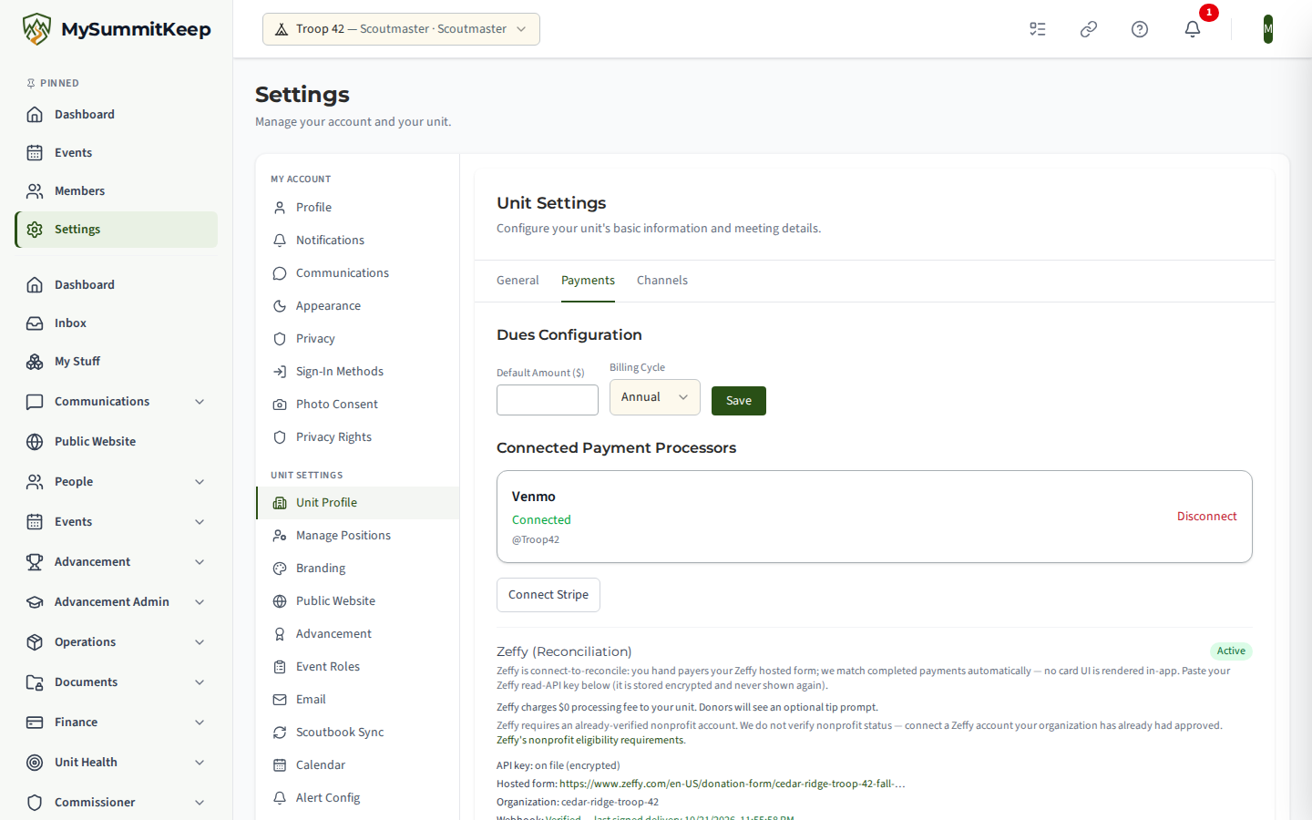 Unit Settings Payments tab with Zeffy connected; the Webhook line reads Verified — last signed delivery