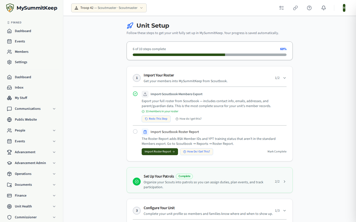 The Unit Setup checklist at /unit-setup, a guided onboarding list of setup tasks each with a completion state