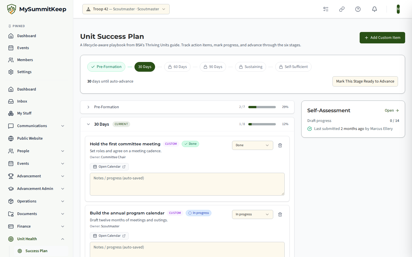 Unit Success Plan with the six-stage tracker strip, expandable stage checklists with progress bars, and a Self-Assessment summary card.