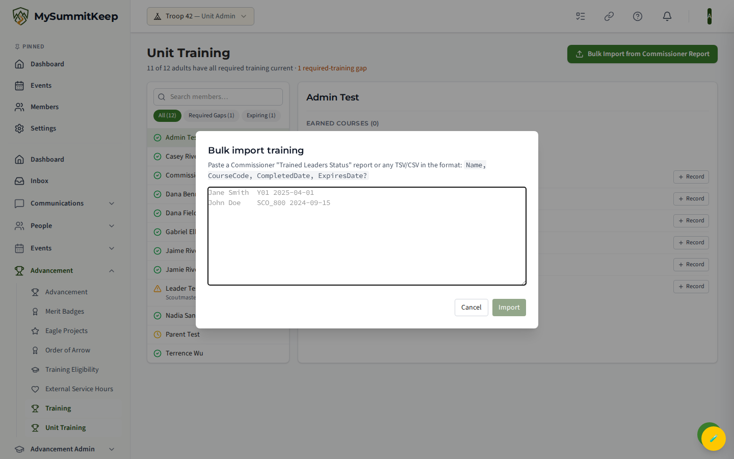 The Unit Training bulk-import panel with the tab-delimited paste box (name / course code / date) for offline-completed training.