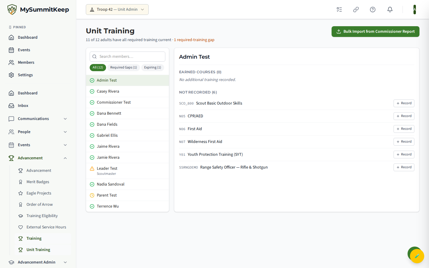 Unit Training page at /training/unit showing the per-member position-vs-training matrix with Trained/Expiring/Expired status, search and the member detail panel.
