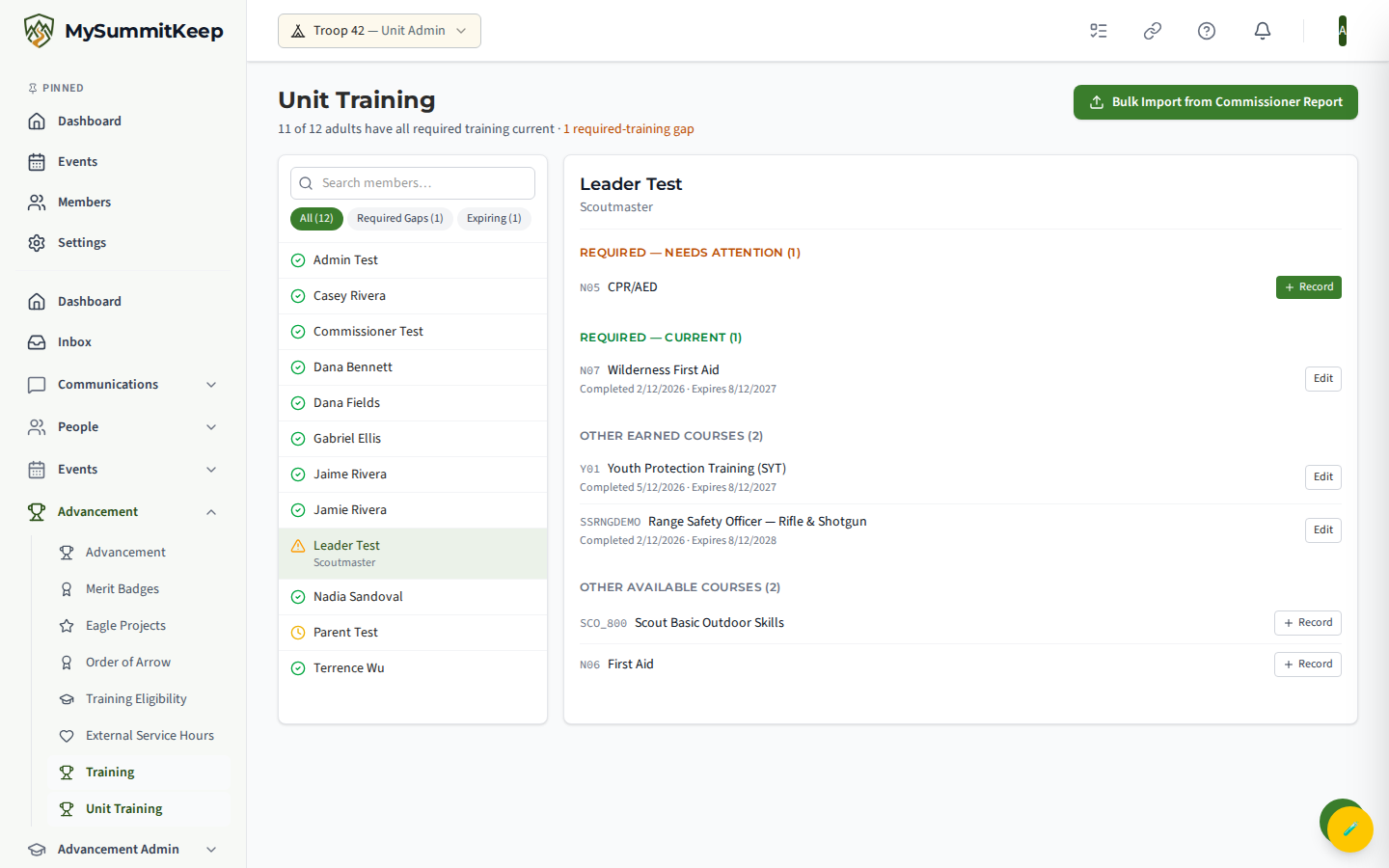 A member's expanded training detail within Unit Training showing courses grouped by required and optional, completion and expiration dates, positions, and Record/Edit buttons.