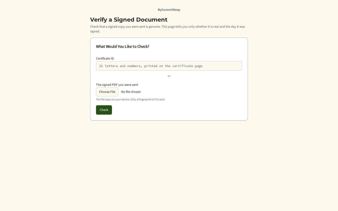 The Verify a Signed Document page with a Certificate ID box, a choose-a-file box for the signed PDF, and a Check button.